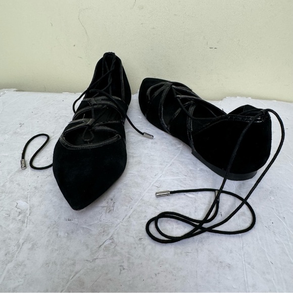 Brian Atwood Sanaa Suede Leather Lace Up Ballet Flats Shoes Pointy Toes Black - Picture 10 of 16